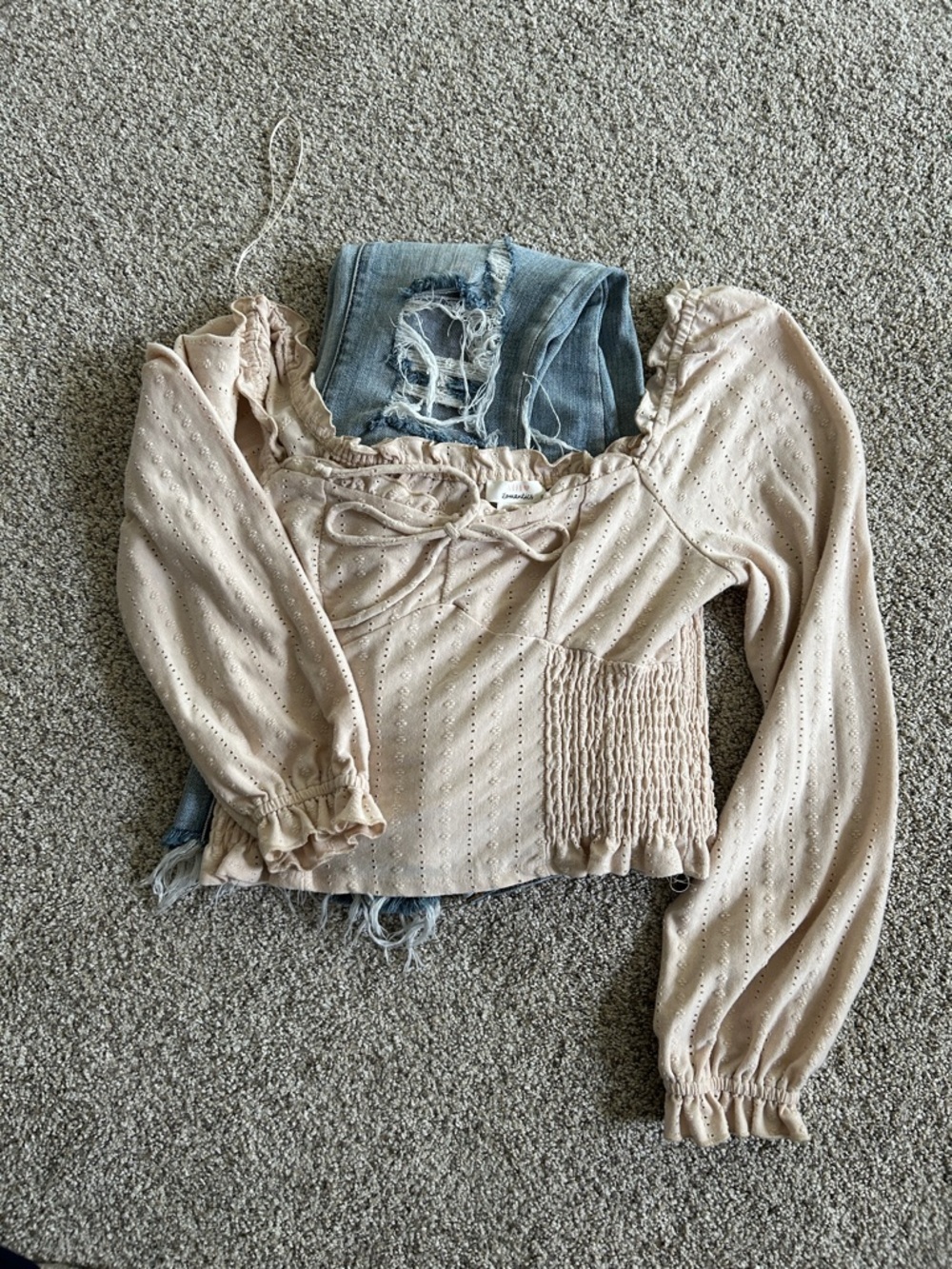 Beige Eyelet Peasant Blouse - Women's Top